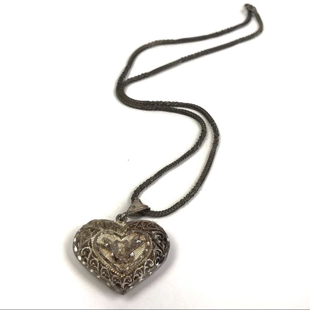 Vtg Sterling Silver 3D Heart Love Birds Necklace